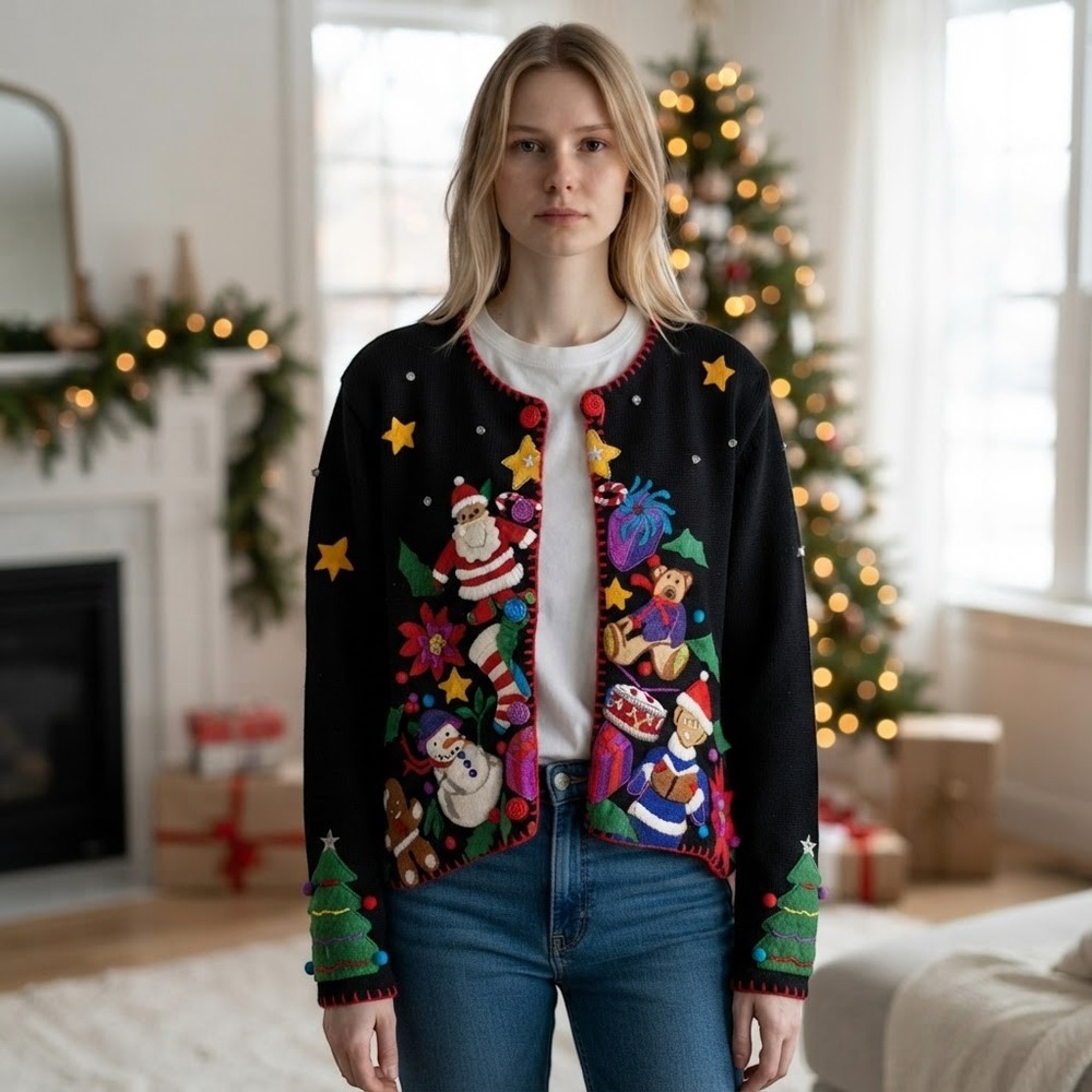Vintage Novelty Embroidered Christmas Holiday Cardigan Sweater Large Emma Tricot